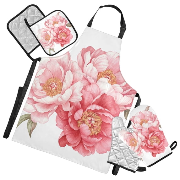 Pinkish Peony Flowers Watercolor Apron Set with Oven Mitts Pot Holders Set of 5 Kitchen Stuff Accessories