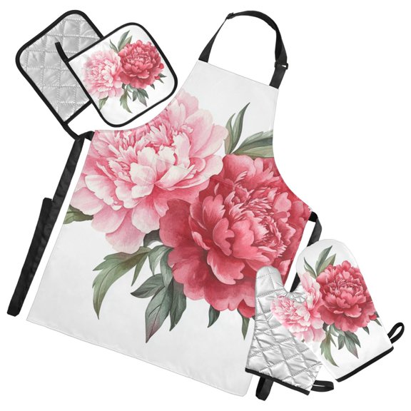 Pinkish Red Peony Flowers Leaves Watercolor Apron Set with Oven Mitts Pot Holders Set of 5 Kitchen Stuff Accessories
