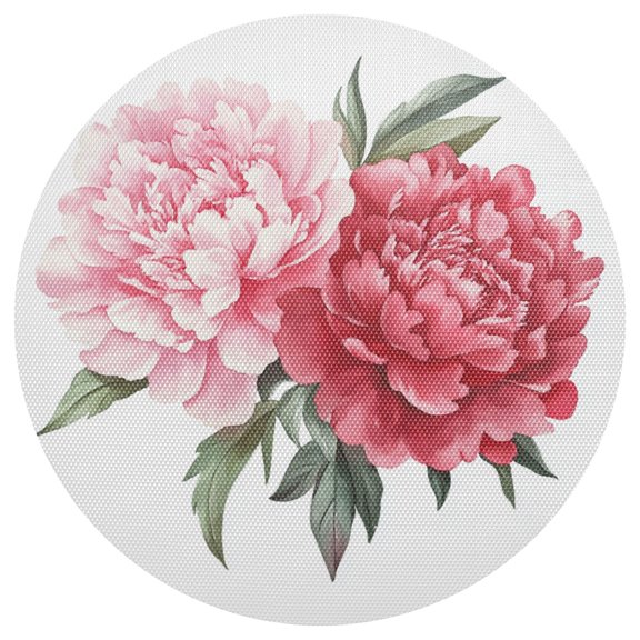 Pinkish Red Peony Flowers Leaves Watercolor PVC Round Grid Placemat Table Mat 1 Pc 15.4" x 15.4"