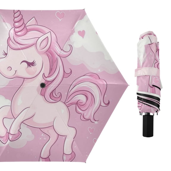 Pinkish Unicorns Clouds with Hearts All Weather Umbrella Triple Folding Parasol 6 Ribs UV Protection Portable