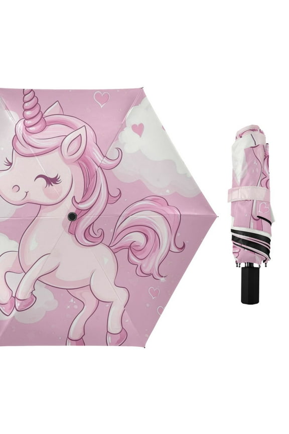 Pinkish Unicorns Clouds with Hearts All Weather Umbrella Triple Folding Parasol 6 Ribs UV Protection Portable