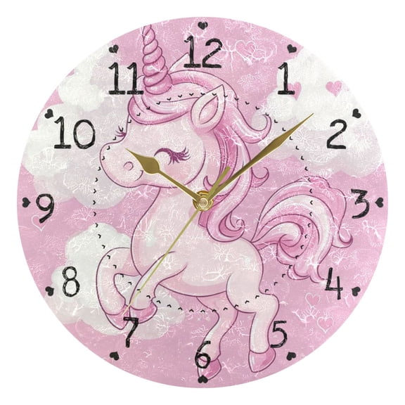 Pinkish Unicorns Clouds with Hearts Round Wall Clock Silent Analog Battery Operated Gold Pointer Home Decor 9.84" Diameter