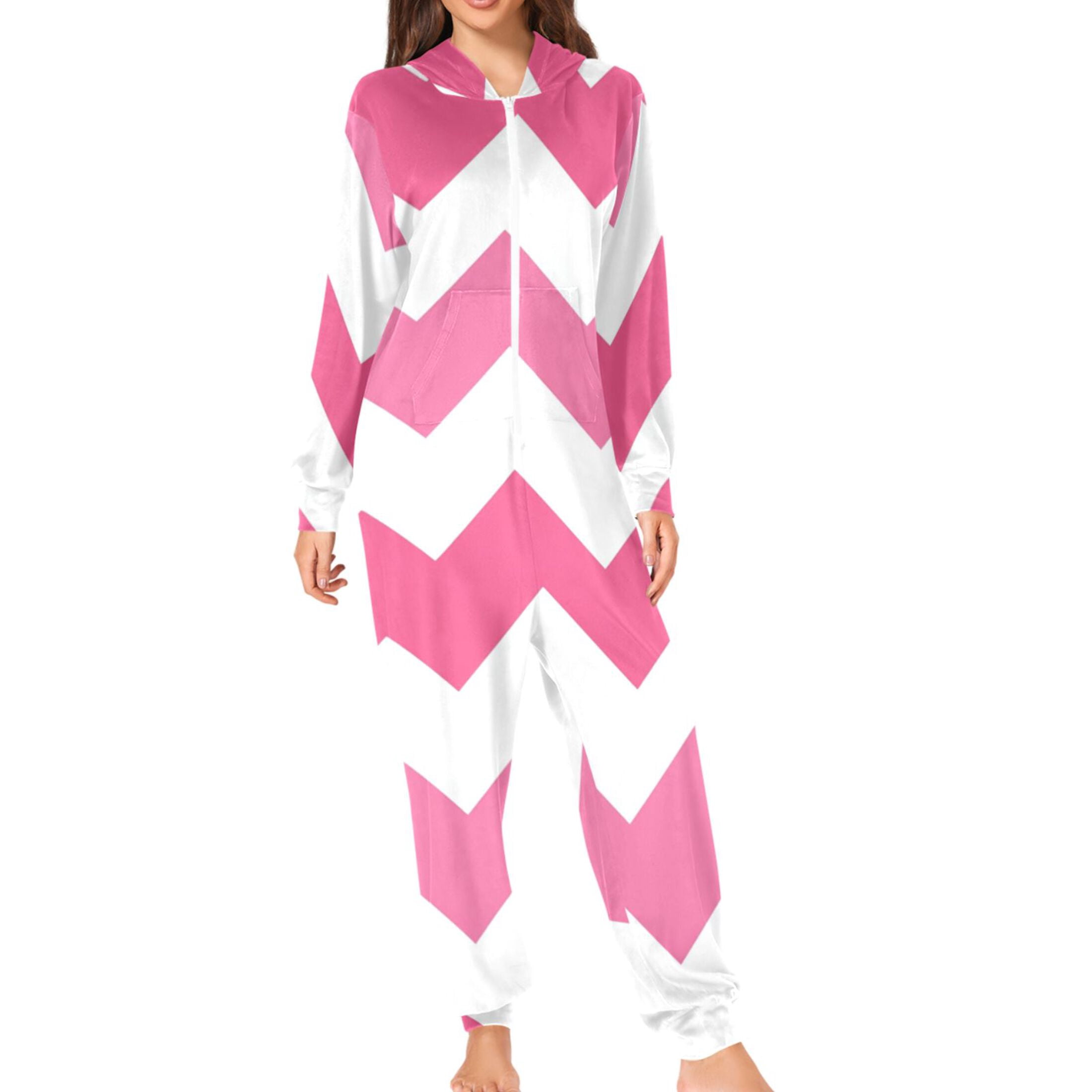 Pinkish V-shaped Lines Adult's Hoodie Onesie Jumpsuit One-Piece Pajamas with Zipper Unisex for Holiday M