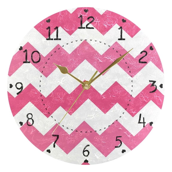 Pinkish V-shaped Lines Round Wall Clock Silent Analog Battery Operated Gold Pointer Home Decor 9.84" Diameter