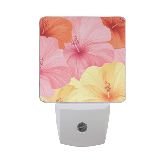Pinkish Yellow Orange Hibiscus Flowers LED Night Light with Smart Sensor Plug Into Wall Dusk to Dawn 2 packs