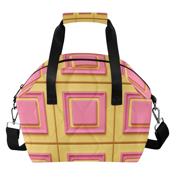 Pinkish and Yellow Grids Plaids Insulated Lunch Bag Reusable Quilted Lunch Box Waterproof Leakproof Lunch Container