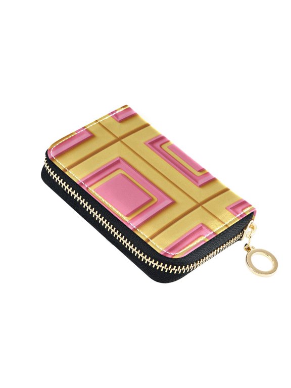 Pinkish and Yellow Grids Plaids Women's Credit Card Holder PU Leather Zipper Wallet RFID Blocking