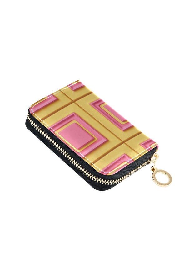 Pinkish and Yellow Grids Plaids Women's Credit Card Holder PU Leather Zipper Wallet RFID Blocking