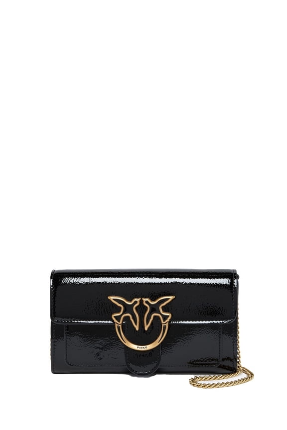 Women's Glossy Black Shoulder Bag With Gold Emblem Black