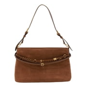 Pinko Women's Medium Suede Handbag With Decorative Strap And Gold Accents Brown