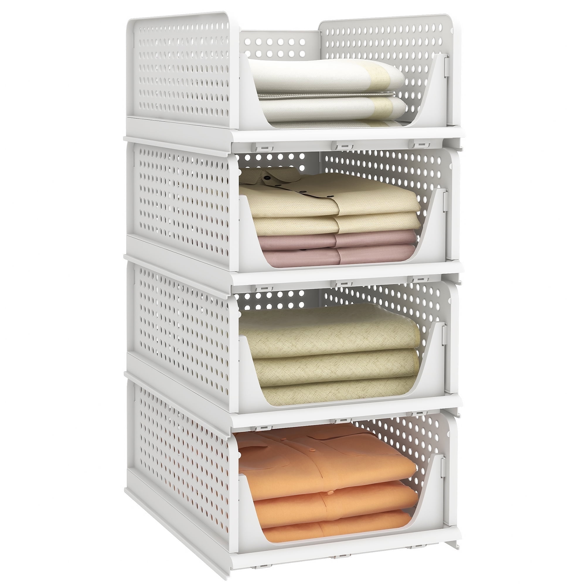 ALEEZ Wardrobe Storage Plastic Basket - Pack Of 4 Foldable Stackable Storage Drawers - Space Saving Clothes Boxes - Easy Pull-Out Drawer Shelf For Closet, Pantry, Laundry Organization (4 Pack