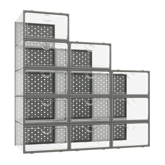 Pinkpum Shoe Storage Boxes 12 Pack,Shoe Storage Organizer for Closet,Clear Plastic Shoe Boxes Stackable,Foldable Shoe Storage Containers with Lids Grey