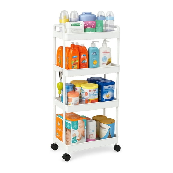 Pinksheep 4 Tier Rolling Cart, Plastic Rolling Storage Carts Caddy Organizer Shelving Unit with Wheels for Bathroom Kitchen Laundry , White