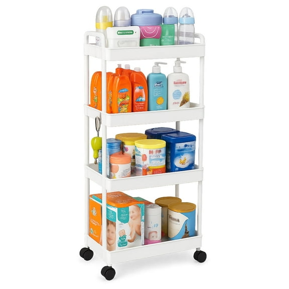 Pinksheep 4 Tier Rolling Cart, Plastic Rolling Storage Carts Caddy Organizer Shelving Unit with Wheels for Bathroom Kitchen Laundry , White