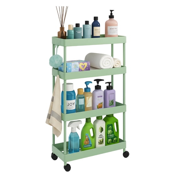 Pinksheep Slim Rolling Storage Cart, 4Tier Bathroom Organizer Utility Carts Shelving Unit with Wheels for Kitchen, Green