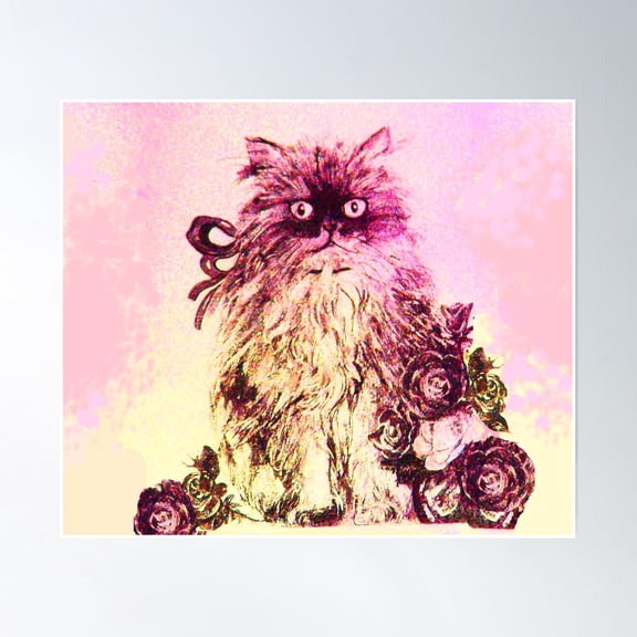 Pinky Cat Kitten And Roses Pink Purple Hues Poster Wall Art, Modern Wall Decor, 30x30 UNFRAMED