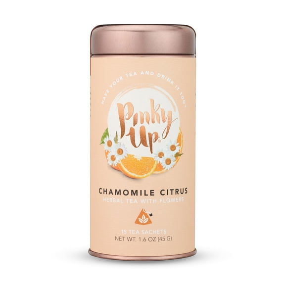 Pinky Up Chamomile Citrus Herbal Tea, Full Leaf Chamomile Tea with Lemongrass, Spearmint, and Hibiscus, Naturally Caffeine-Free, Compostable Pyramid Sachets, Floral and Citrusy, 1.6 oz, 15 Sachets