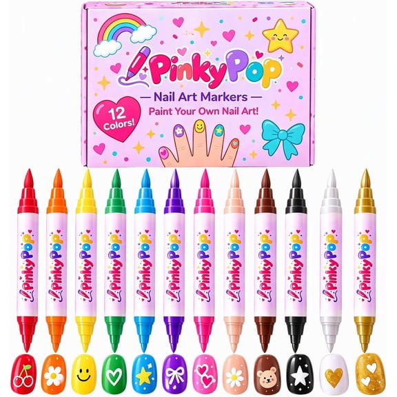 Pinky Pop Kids Nail Art Pens, 12 Color Dual Tip DIY Nail Marker Set | Non Toxics Water Based Quick Dry Nail Polish Markers No UVs Lamp For Child Nail Craft
