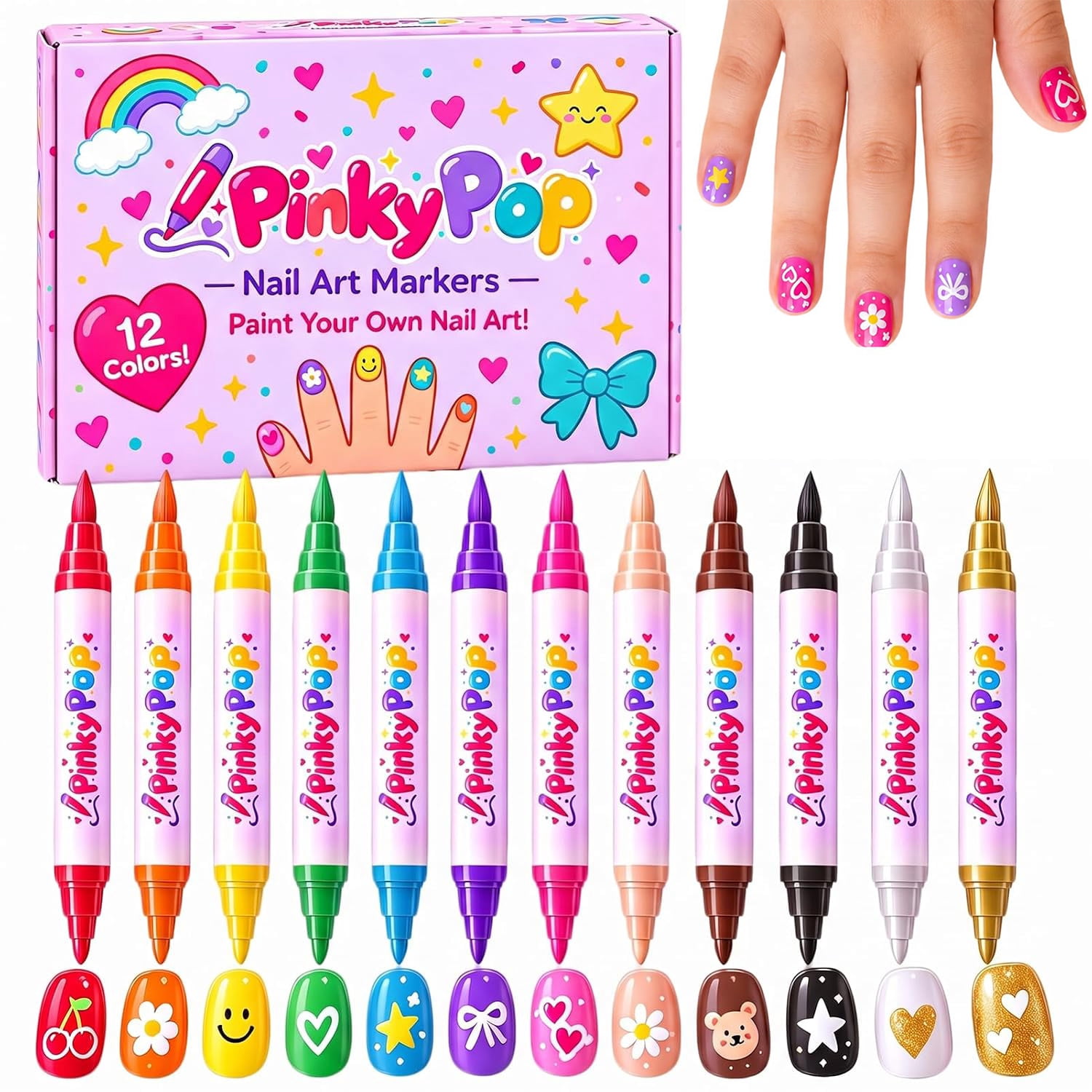 Pinky Pop Nail Art Markers Pen, 12 Color Dual-Tip Nail Polish Pens for ...