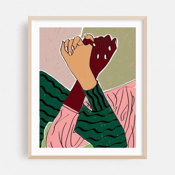 Pinky Swear - Painting Modern Art Illustration Abstract Pop Art Minimalist Geometric Line Art Oak Framed Wall Art Print 18 x 24 inches