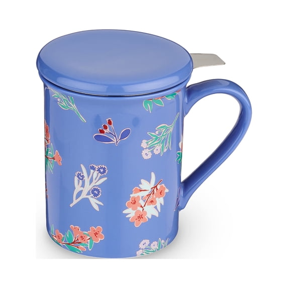 Pinky Up Annette Fiji Tea Mug & Infuser Ceramic Infuser Mugs, 12 oz, Flower Blue