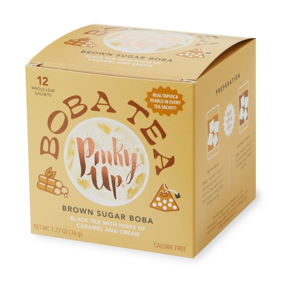 Pinky Up Brown Sugar Boba Tea Sachets, Sugar Free & Calorie Free Whole Leaf Black Tea Bubble Tea, Boba Gift, 12 Biodegradable Tea Bags
