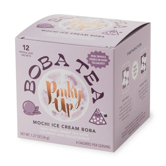 Pinky Up Mochi Ice Cream Boba Tea Sachets,  Sugar Free & Low calorie Whole Leaf Green Tea Bubble Tea, Boba Gift, 12 Biodegradable Tea Bags