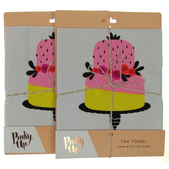 Pinky Up Piece Of Cake Tea Towel Set 2 Pink Linen Cotton Dish 20X32 Kitchen Gift