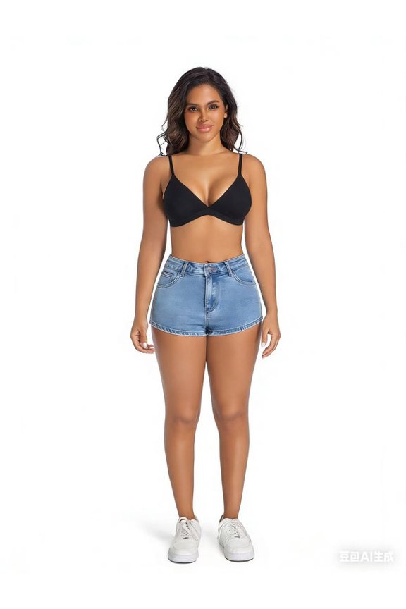 Women‘s Low Rise Ripped Denim Shorts - Stretchy 100% Cotton Curvy Booty Summer Blue