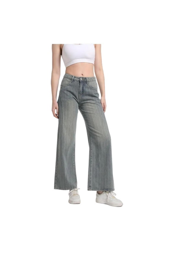 Women’s Striped Wide Leg Jeans Cotton Casual Denim Pants High Waist