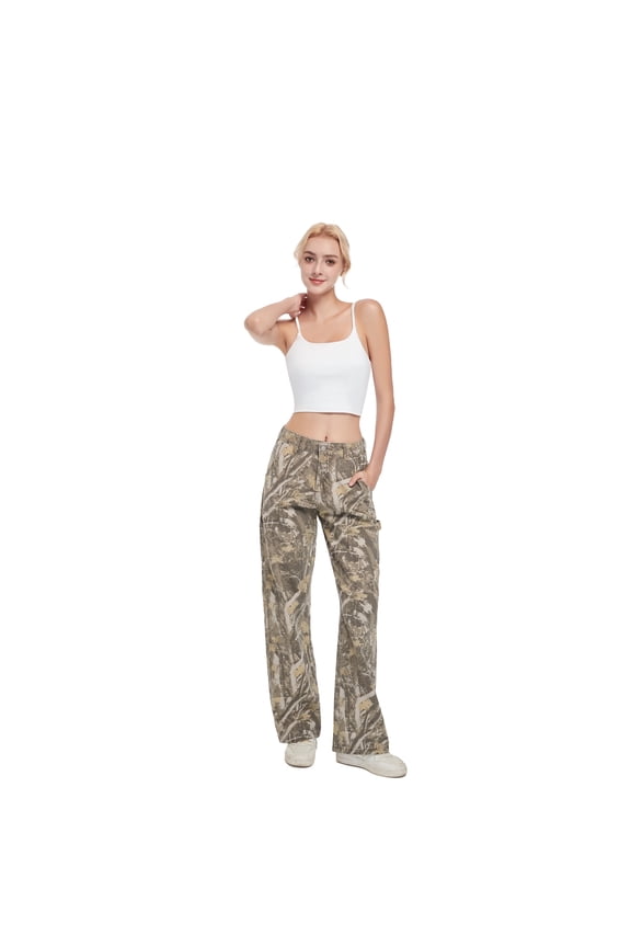 Womens camo pants, stretch mid-low rise casual cargo pants with branch camouflage pattern, perfect for work and everyday wear, featuring pockets and a loose straight-leg fit.