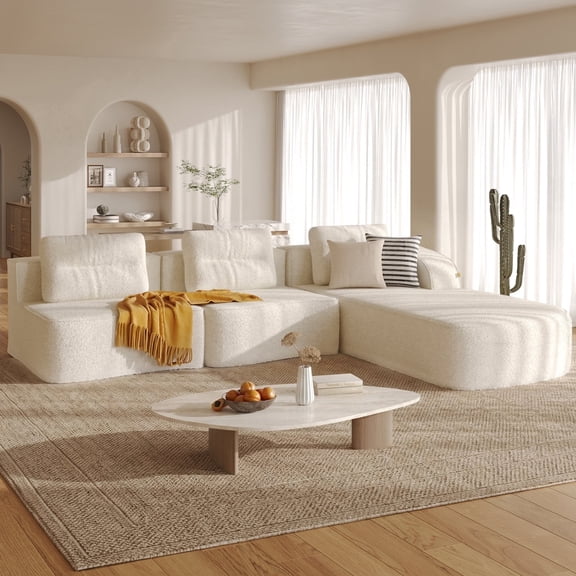 Pinmoco 111.8" Cloud Sectional Couch for Living Room, L-Shaped Modern Modular Couch with Deep Seat and Side Pockets, Upholstered Couches Boneless Sofa, No Assembly Required, Off White