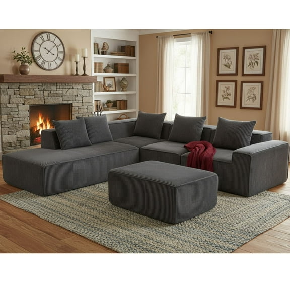 Pinmoco 111.5" Modular Sectional Sofa with Chaise Lounge, Deep Seat Modular Cloud Sofa for Living Room, Corduroy, Gray (4 Seater + 1 Ottoman)