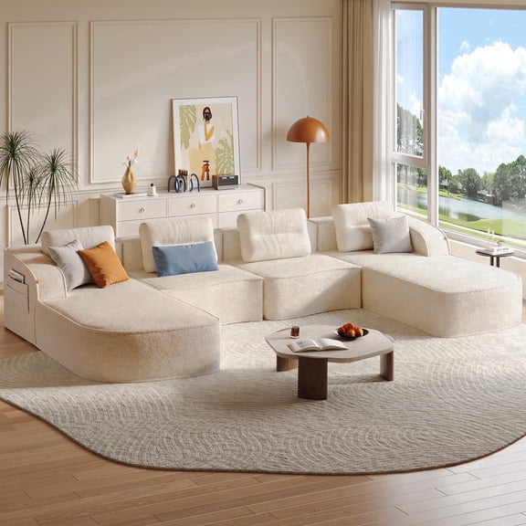 Pinmoco 149" U-Shaped Sectional Sofa Modern Modular Cloud Couch with Deep Seating Upholstered Sofa for Living Room Bedroom, No Assembly Required, Off White