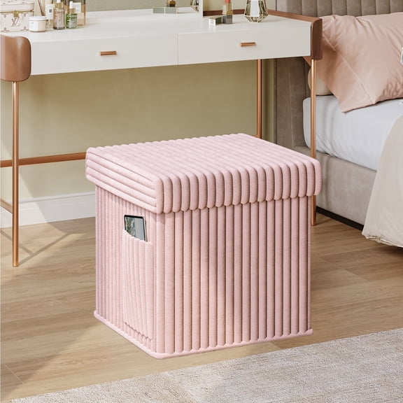 Pinmoco 15" Collapsible Storage Ottoman, Corduroy Cube Organizer Makeup Stool Foot Rest with Side Pocket for Living Room, Bedroom, Pink