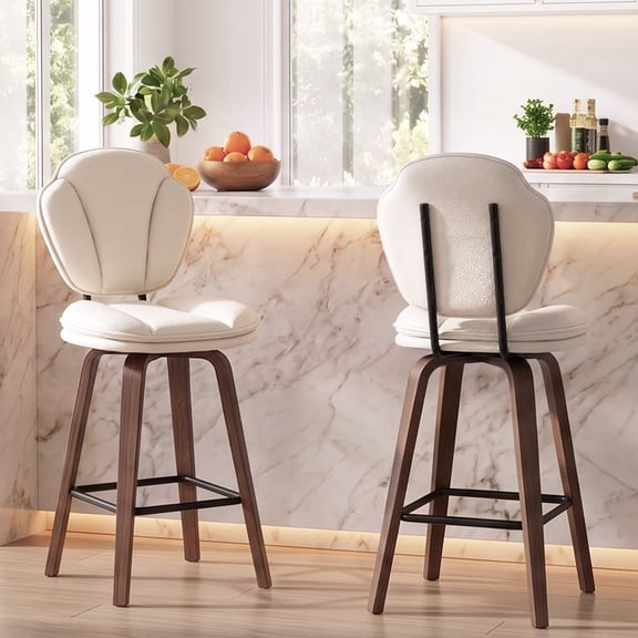 Pinmoco 26" Swivel Counter Height Bar Stools Set of 2, Upholstered Barstools with Back, Wooden Legs Kitchen Stools for an Island, PU Leather Beige