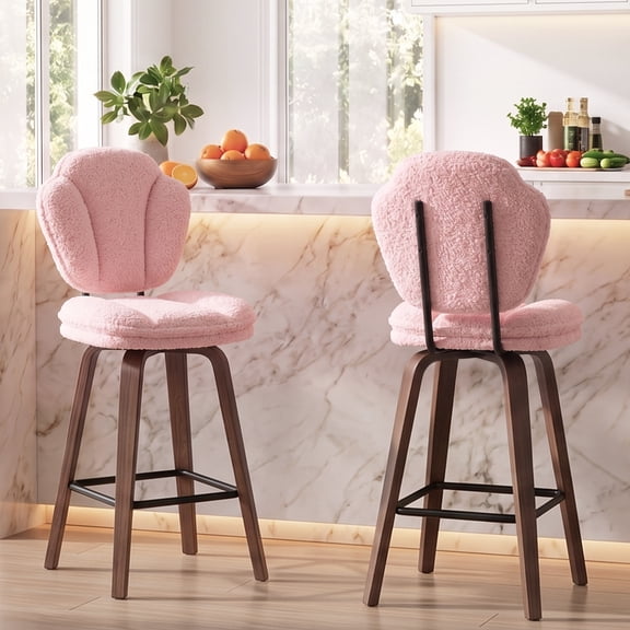 Pinmoco 26" Swivel Counter Height Bar Stools Set of 2, Pink Teddy Fabric Upholstered Barstools with Back, Wooden Legs Kitchen Stools for an Island