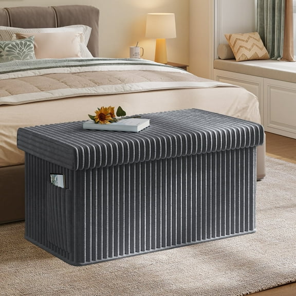 Pinmoco 30" Folding Storage Ottoman Bench with Side Pocket, Corduroy Storage Bench Footrest for Entryway Living Room, Gray