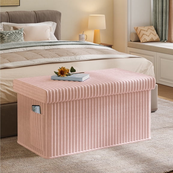 Pinmoco 30" Folding Storage Ottoman Bench with Side Pocket, Corduroy Storage Bench Footrest for Entryway Living Room, Pink