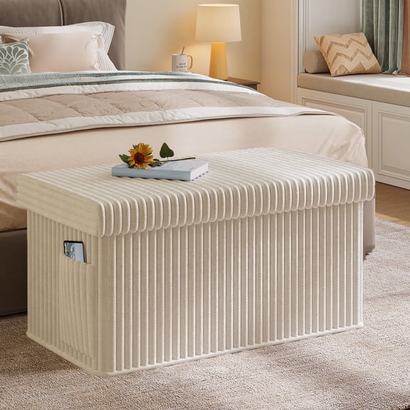 Pinmoco 30" Folding Storage Ottoman Bench with Side Pocket, Corduroy Storage Bench Footrest for Entryway Living Room, Beige