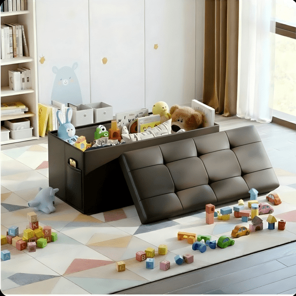 Pinmoco 30" Storage Ottoman Bench Folding Leather Bedroom Storage Bench with Side Pocket for Entryway Living Room, Dark Brown