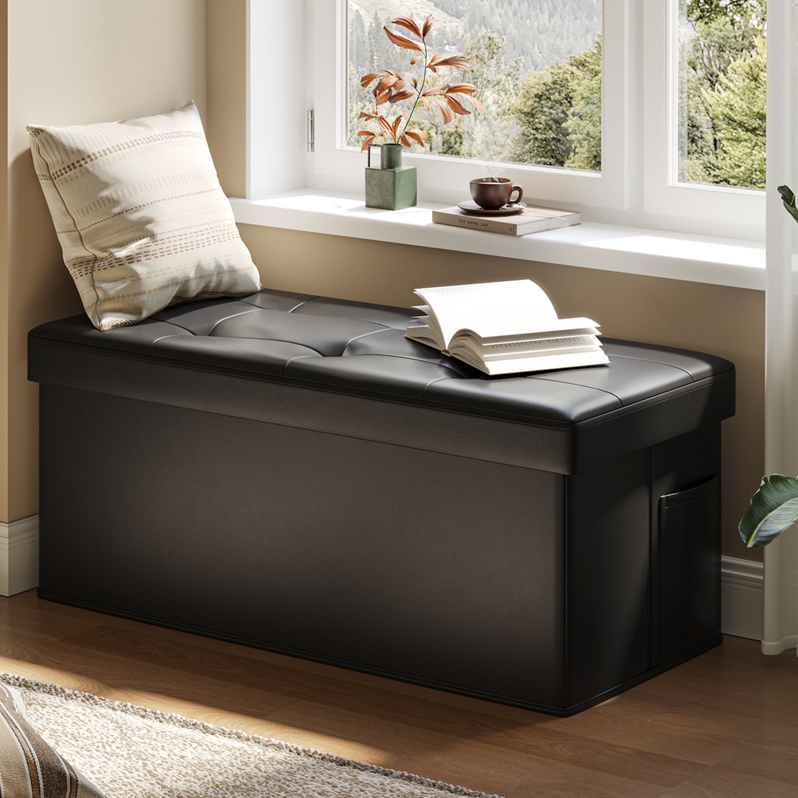 Pinmoco 30" Storage Ottoman Bench Folding Leather Storage Bench with White Blanket and Side Pocket for Entryway Living Room, Black