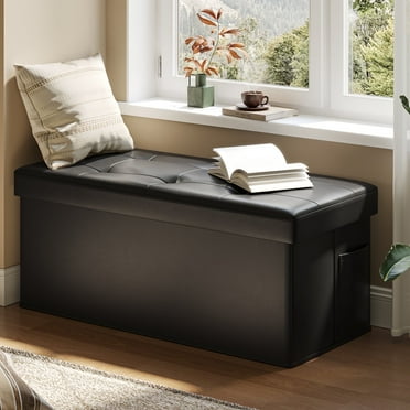 Pinmoco 30" Storage Ottoman Bench Folding Leather Storage Bench with White Blanket and Side Pocket for Entryway Living Room, Black