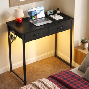 Pinmoco 32" Small Computer Desk with RGB LED Lights & Drawer, Black Modern Study Writing Table for Small Spaces, Home Office