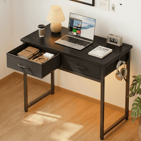 Pinmoco 32" Small Computer Desk with RGB LED Lights & Drawer, Black Modern Study Writing Table for Small Spaces, Home Office
