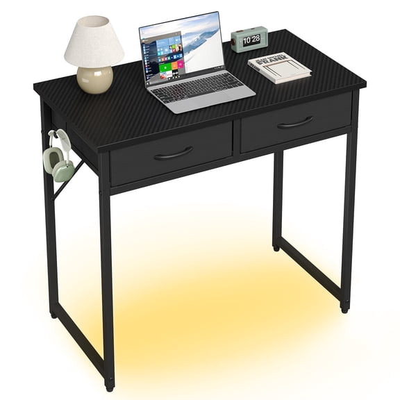 Pinmoco 32 inch Small Black Desks with Drawer & RGB LED Light, Study Writing Table, Vanity Desk with Hanging Hook Hook for Home, Bedroom, Home Office