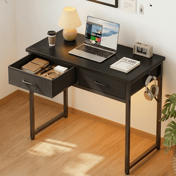 Pinmoco 32" Small Computer Desk with RGB LED Lights & Drawer, Black Modern Study Writing Table for Small Spaces, Home Office