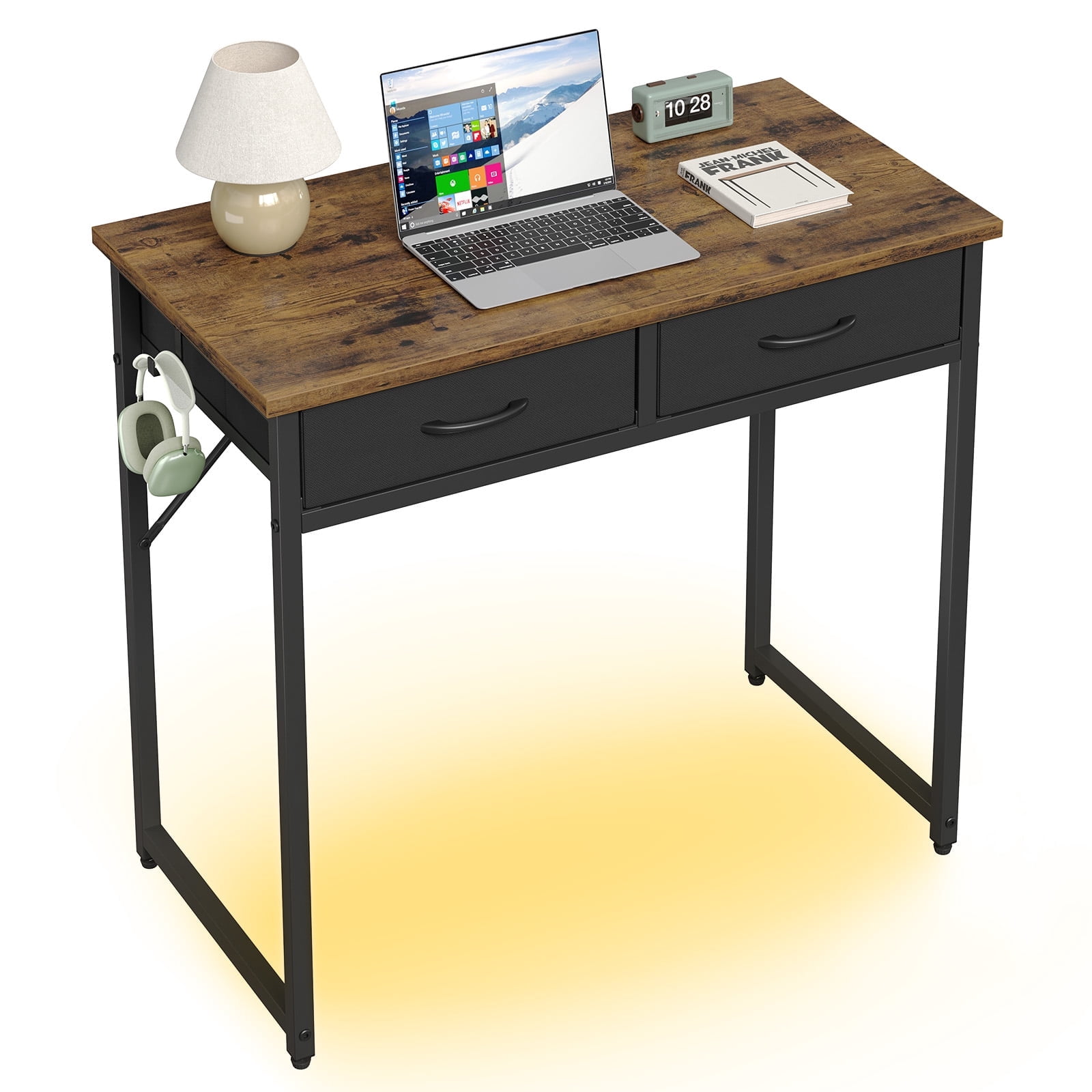 Pinmoco 32 inch Small Desk Computer Desk with Fabric Drawers& RGB LED Light, Writing Desk, White Vanity Desk with Hanging Hook Hook for Home, Bedroom, Rustic