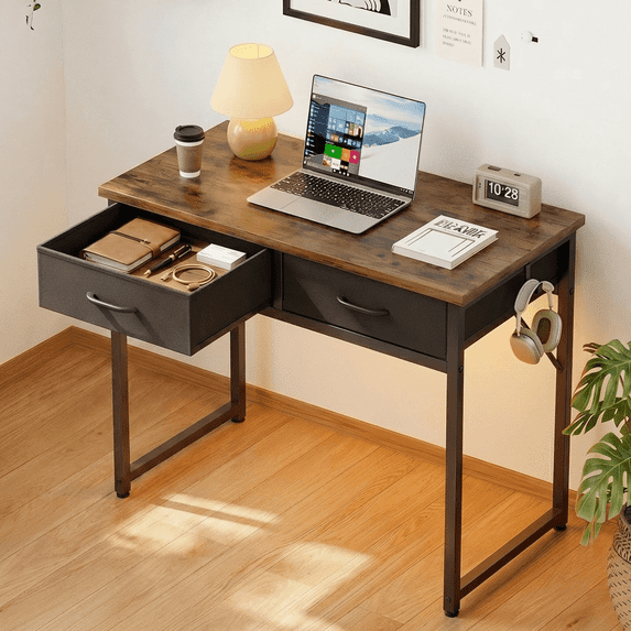 Pinmoco 32" Small Vanity Desks with RGB LED Lights & 2 Fabric Drawers, Writing Study Desk for Small Space with Hanging Hook Hook for Home, Bedroom, Rustic
