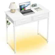 Pinmoco 32 inch Small Desk Computer Desk with Fabric Drawers& RGB LED Light, Writing Desk, White Vanity Desk with Hanging Hook Hook for Home, Bedroom, White